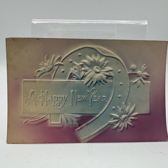 Antique 1907 Embossed Happy New Year Postcard With Horseshoe & Daisies Design - Picture 1 of 2